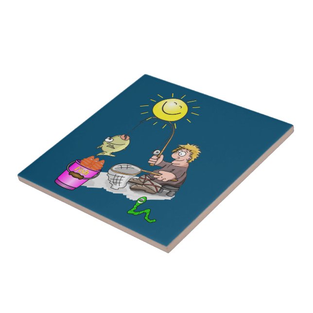 Azulejo Pescador de mosaico cerámico, pescado, sol, azul (Lado)