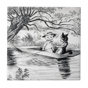 Azulejo Pescando con el amante, Louis Wain