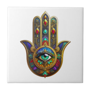 Azulejo Pétalos de Flor de Color de Pavo Real Hamsa Verde