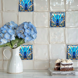 Azulejo Pétalos de flores de oro blanco azul Art Deco