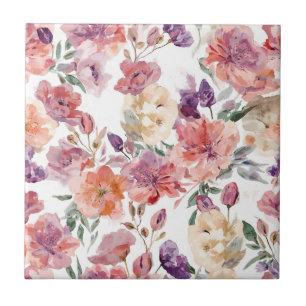 Azulejo Pétalos de melocotón Flores de acuarela Botánico F