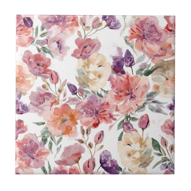 Azulejo Pétalos de melocotón Flores de acuarela Botánico F (Frente)