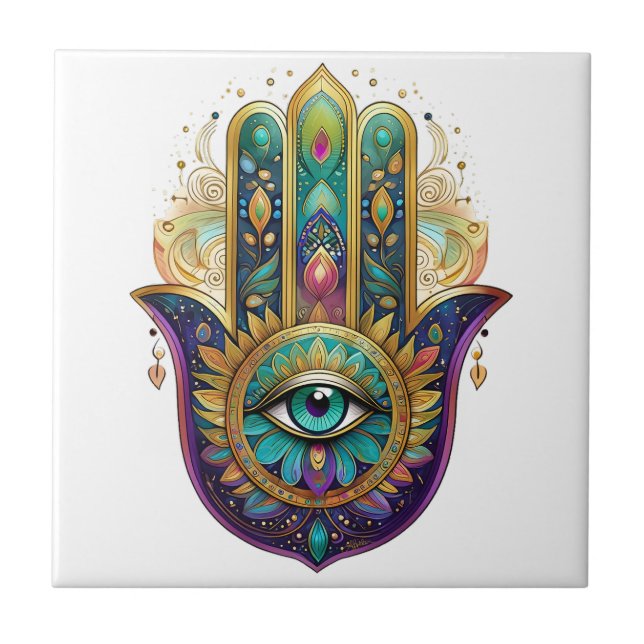 Azulejo Pétalos de Oro Verde Violeta Hamsa Turquesa Tercer (Frente)