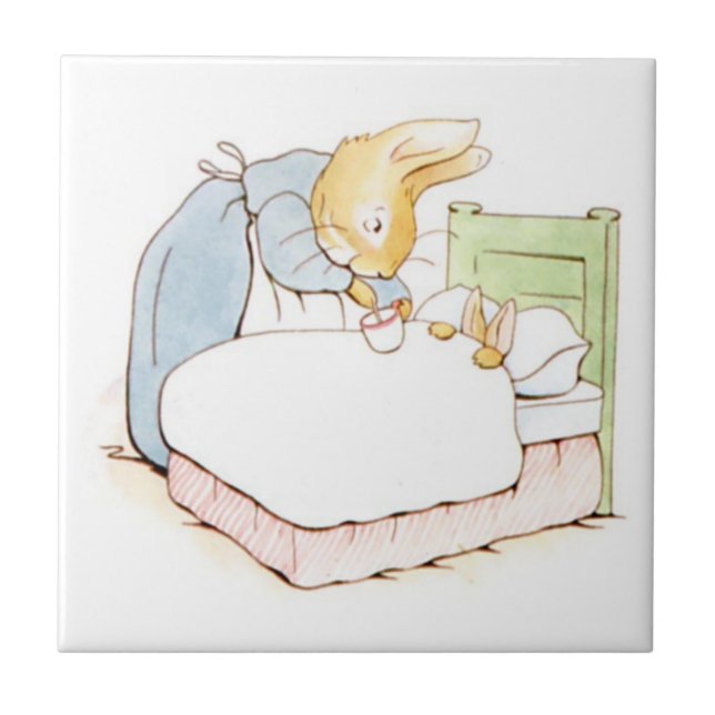 Azulejo Peter Rabbit en cama (alimentado por su madre) (Frente)