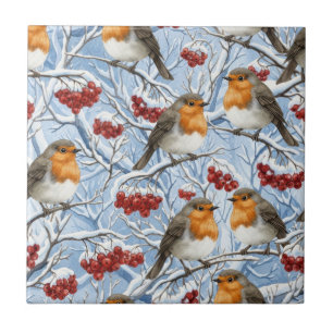 Azulejo Petirrojos de Invierno y Ramas Nevadas