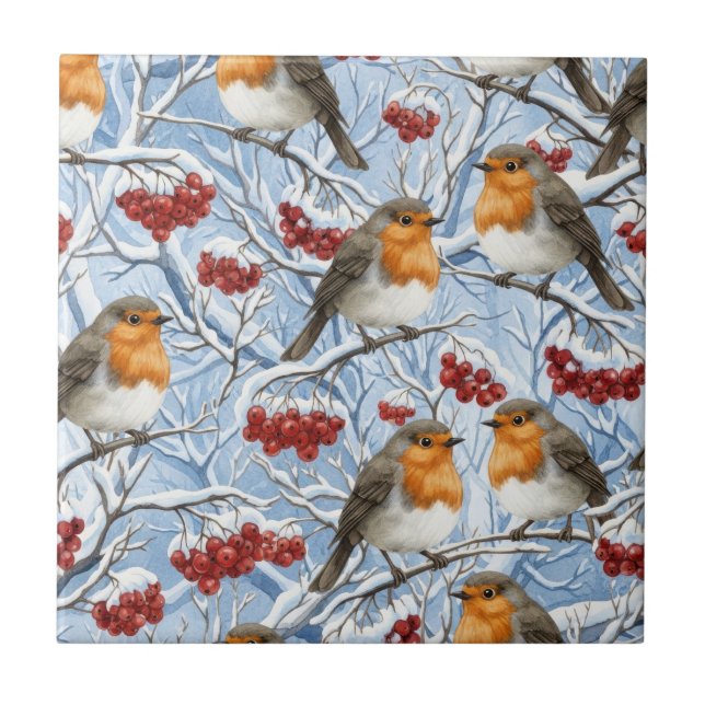 Azulejo Petirrojos de Invierno y Ramas Nevadas (Frente)