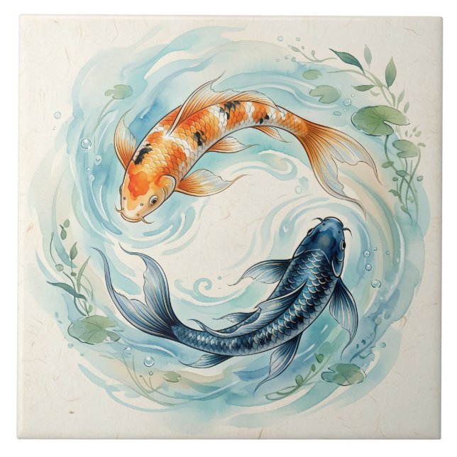 Azulejo Pez Koi Yin Yang Acuarela (Frente)