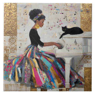 Azulejo Pianista negra con lámina de oro y gato