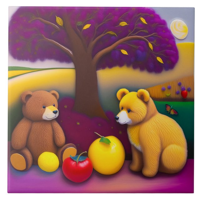 Azulejo Picnic de Oso de Teddy - Mosaico cerámico infantil (Frente)