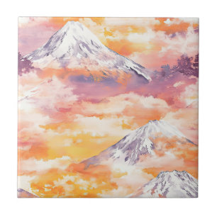 Azulejo Picos de nieve naranja Puesta de sol Acuarela Arte