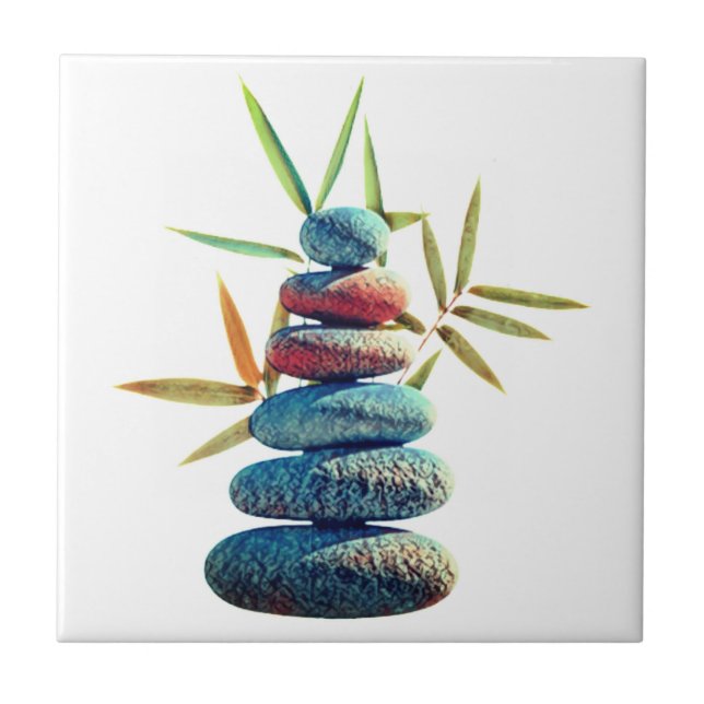 Azulejo Piedras zen apiladas en equilibrio con hojas de ba (Frente)