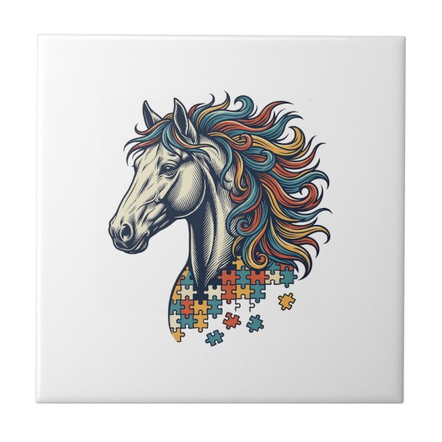 Azulejo Pieza de rompecabezas de caballo colorido grabado  (Frente)
