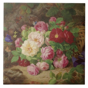 Azulejo Pieza Rosa en el suelo forestal con mariposas