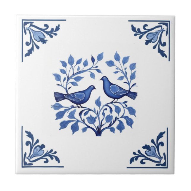 Azulejo Pigeon Dove Bird Pareja Blue White Delft Corners (Frente)