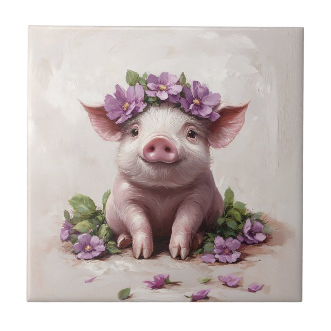 Azulejo Piglet en una corona de flores moradas (Frente)