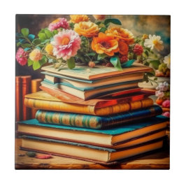 Azulejo Pile antiguo de libros y flores de época