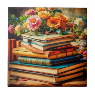 Azulejo Pile antiguo de libros y flores de época