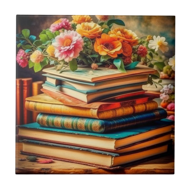 Azulejo Pile antiguo de libros y flores de época (Frente)