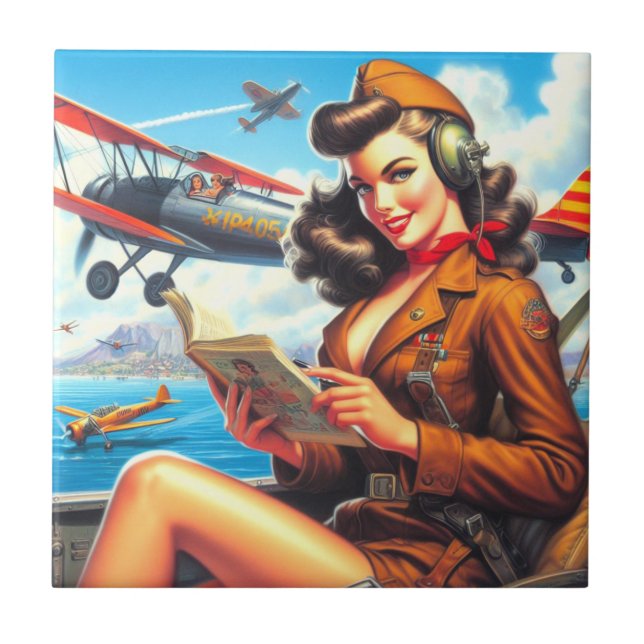 Azulejo Pin-up de avión retro (Frente)