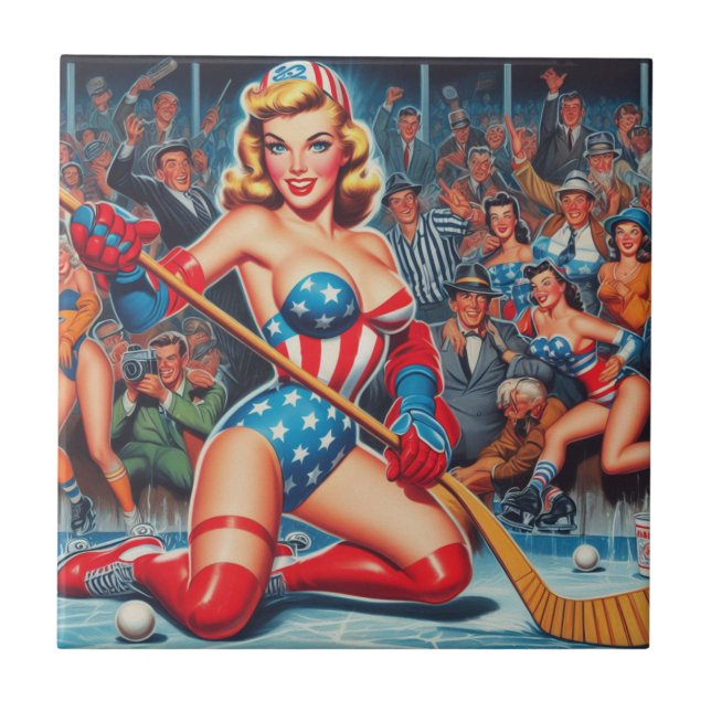 Azulejo Pin-up de hockey retro (Frente)