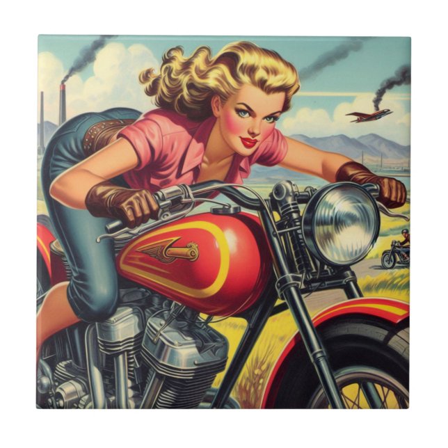 Azulejo Pin-up de motocicleta retro (Frente)
