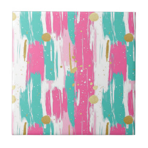Azulejo Pinceladas abstractas de menta, rosa, blanco y dor