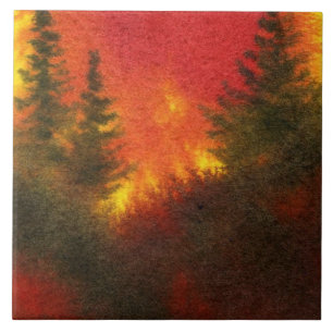 Azulejo Pines en una cresta con un cielo rojo intenso