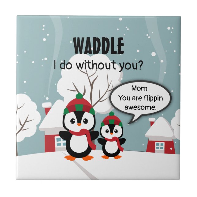 Azulejo Pingüino Gris Y Bebé En Nieve De Invierno (Frente)