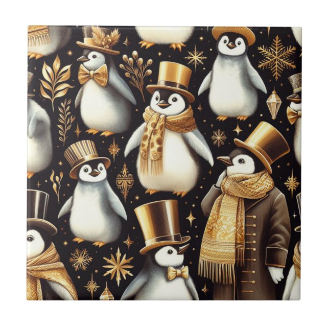 Azulejo Pingüino negro y dorado (Frente)