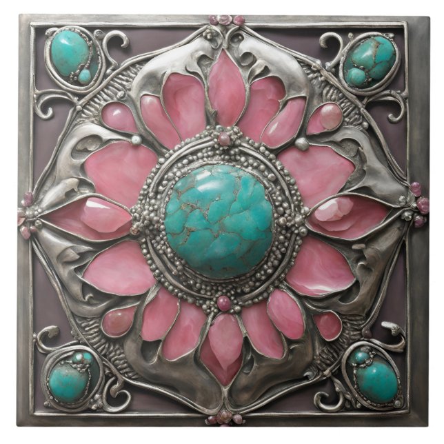 Azulejo Pink and Teal Art Nouveau Mosaic Tile Pattern (Frente)