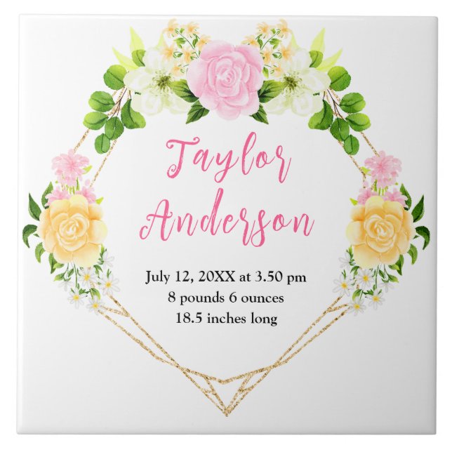 Azulejo Pink and Yellow Floral Baby Birth Stats (Frente)