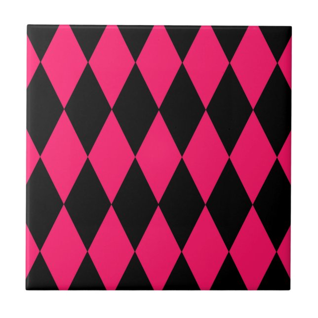 Azulejo Pink Black Harlequin Diamonds Checkers Design  (Frente)