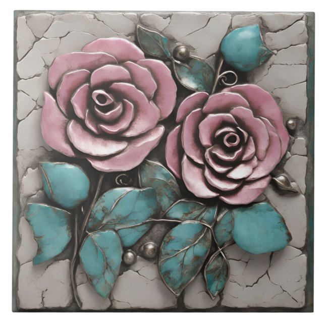 Azulejo Pink Botanical Sculpture Layered Over white marble (Frente)