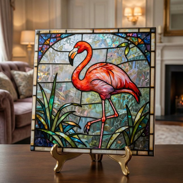 Azulejo Pink Flamingo Tropical Faux Stained Glass Mosaic (Subido por el creador)
