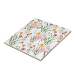 Azulejo Pink Green Watercolor Wildflower