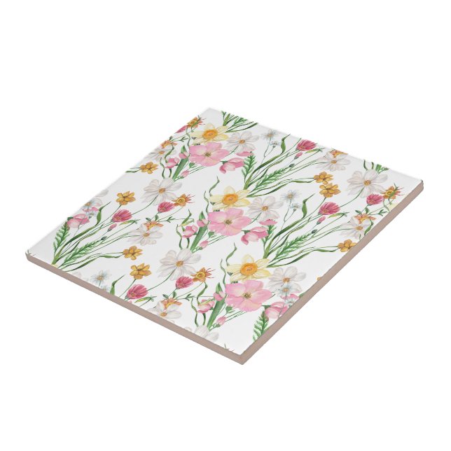 Azulejo Pink Green Watercolor Wildflower (Lado)
