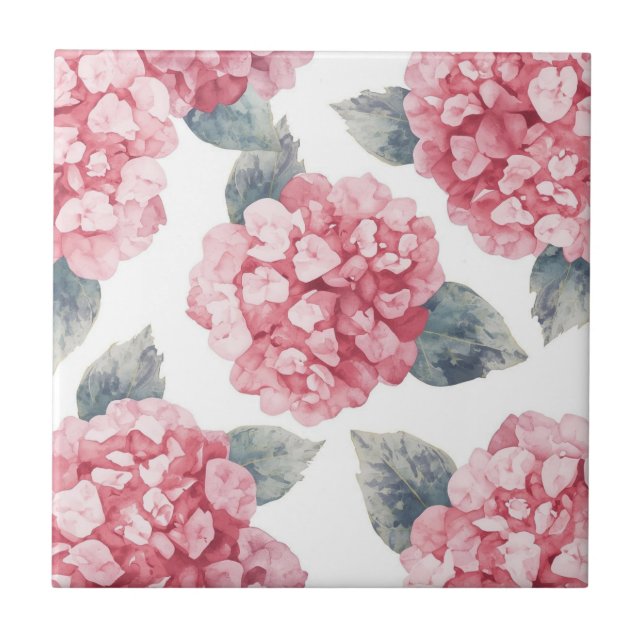 Azulejo Pink Hydrangeas Watercolor Floral Blooms Painting (Frente)
