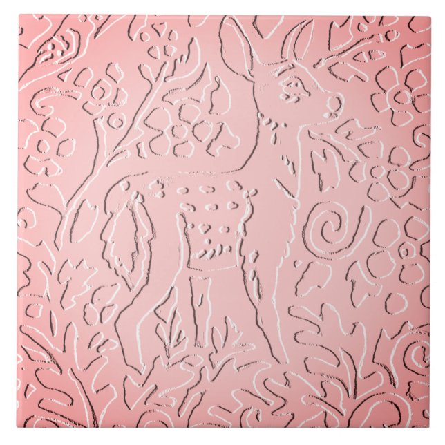 Azulejo Pink Ombre Deer Fawn Woodland Floral Grabado en re (Frente)