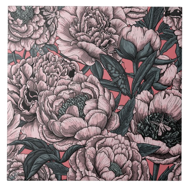 Azulejo Pink peony flowers and moths (Frente)