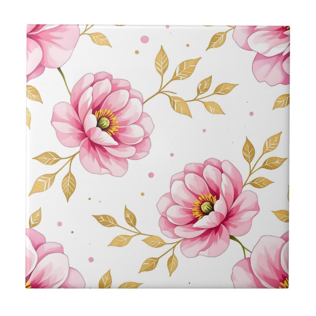 Azulejo Pink Peony Flowers Golden Leaves Pattern (Frente)