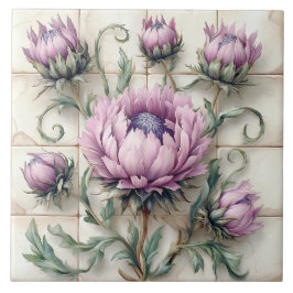 Azulejo Pink Thistle Flowers Ceramic Tile