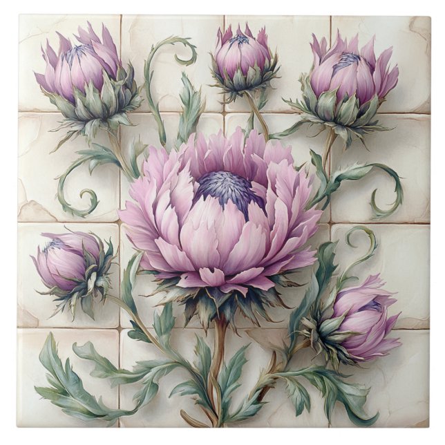Azulejo Pink Thistle Flowers Ceramic Tile (Frente)