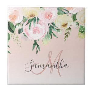 Azulejo Pink y Flores Pastel Modernos Con Nombre