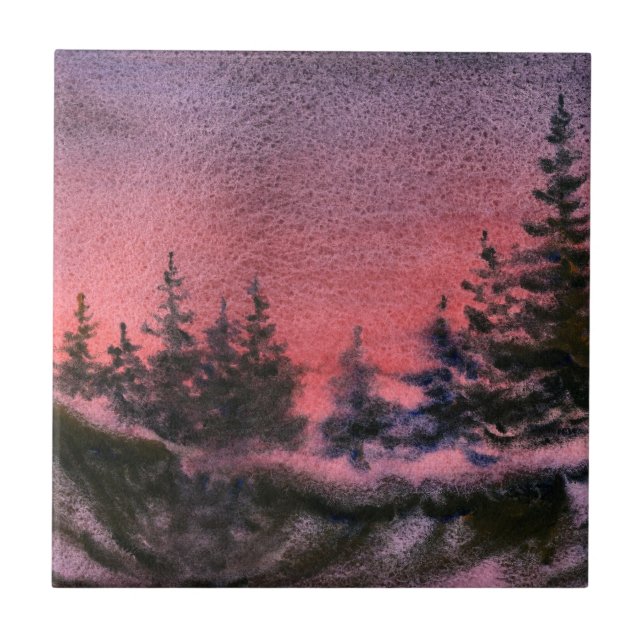 Azulejo Pinos de invierno con puesta de sol paisaje noctur (Frente)