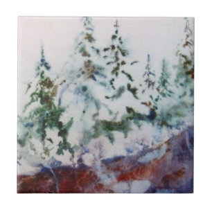 Azulejo Pinos de invierno cubiertos de nieve en el borde d