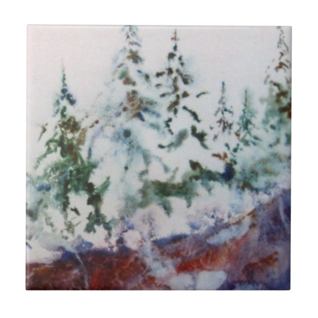 Azulejo Pinos de invierno cubiertos de nieve en el borde d (Frente)