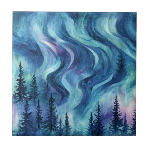 Azulejo Pinos de Noche Oscura Resplandor de Aurora Vibrant
