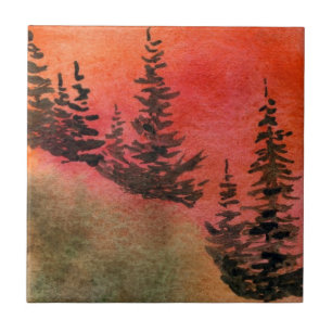 Azulejo Pinos en una colina con un dramático cielo rojo al
