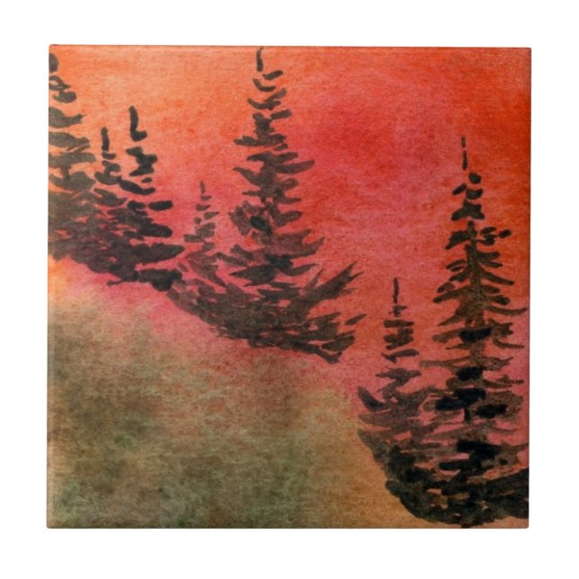 Azulejo Pinos en una colina con un dramático cielo rojo al (Frente)