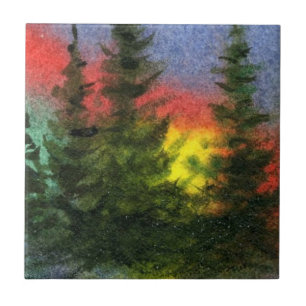Azulejo Pinos nocturnos en un campo con un cielo arco iris